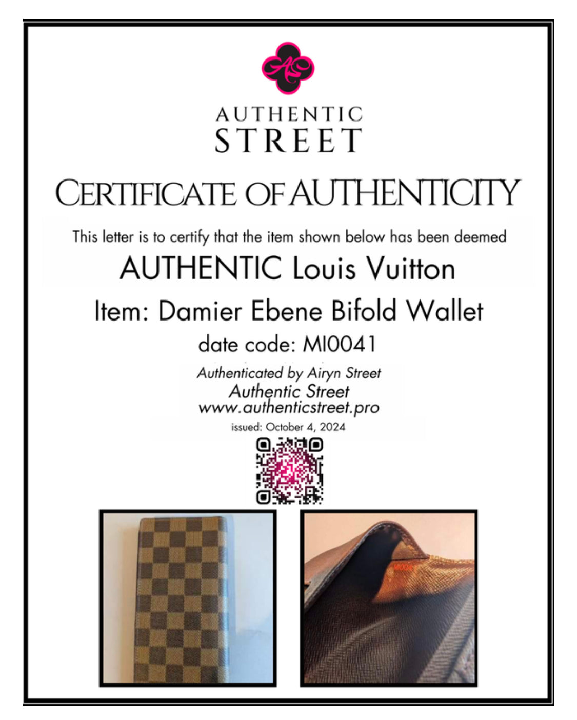 10019 Authentic Pre-Loved Louis Vuitton Bifold Bill Case in Damier Ebene Canvas